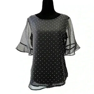Ricki’s Blouse  Short Ruffle Sleeves Sheer Flowy Black White Polka Dots Small